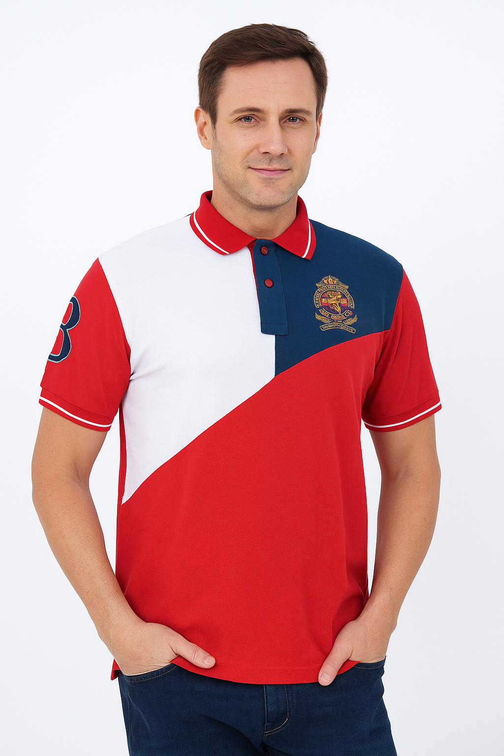 Men's Cut & Sew Crest Polo T-Shirt – Stylish Tri-Color Embroidered