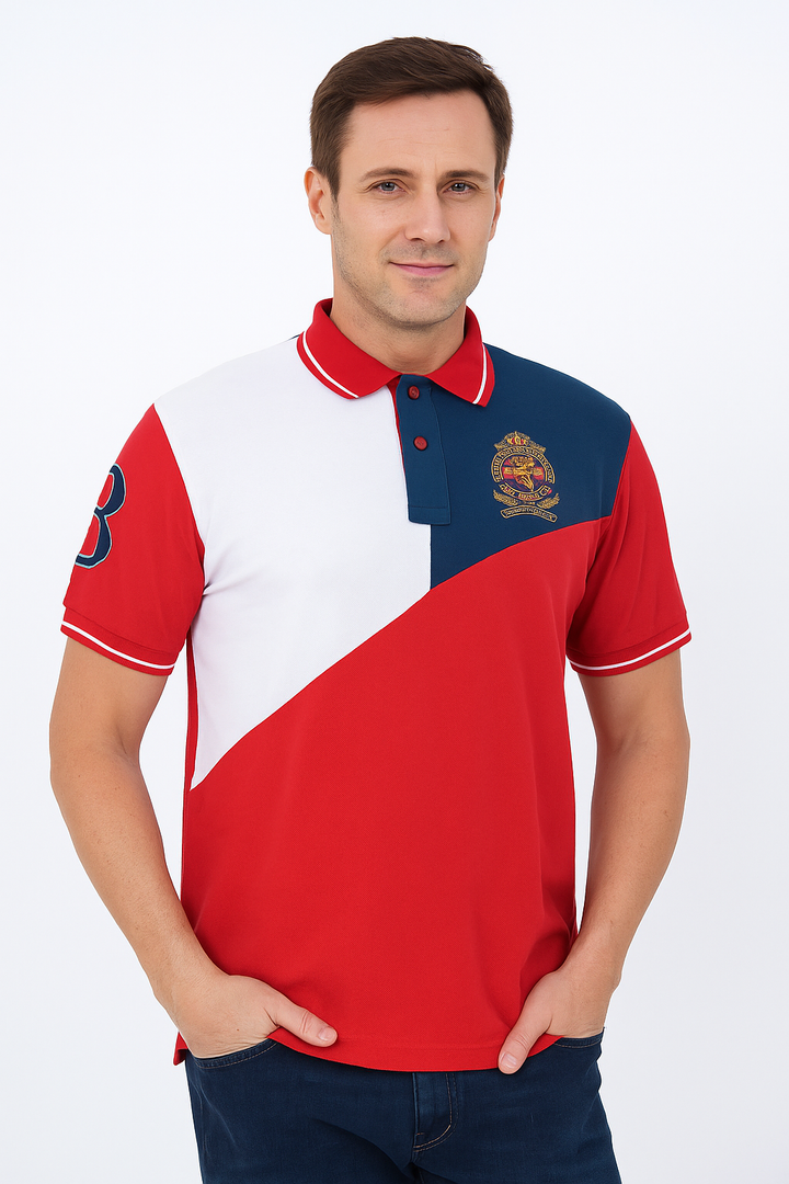 Men’s Cut & Sew Crest Polo T-Shirt – Stylish Tri-Color Embroidered Collar Tee