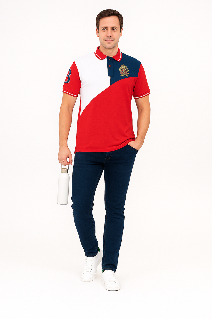 Men’s Cut & Sew Crest Polo T-Shirt – Stylish Tri-Color Embroidered Collar Tee