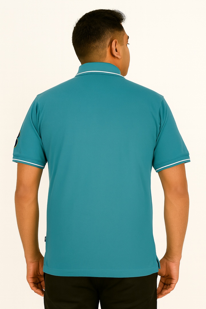 Men’s Cut & Sew Crest Polo T-Shirt – Stylish Tri-Color Embroidered Collar Tee