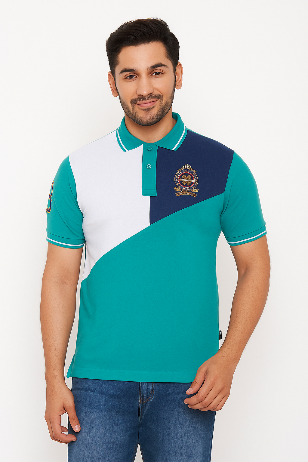 Men’s Cut & Sew Crest Polo T-Shirt – Stylish Tri-Color Embroidered Collar Tee