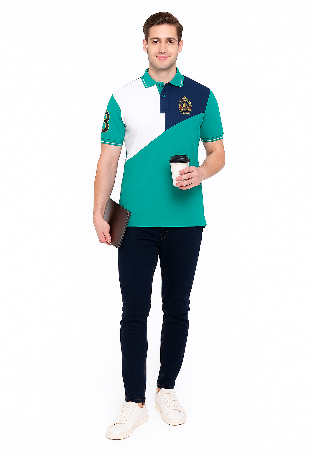 Men’s Cut & Sew Crest Polo T-Shirt – Stylish Tri-Color Embroidered Collar Tee