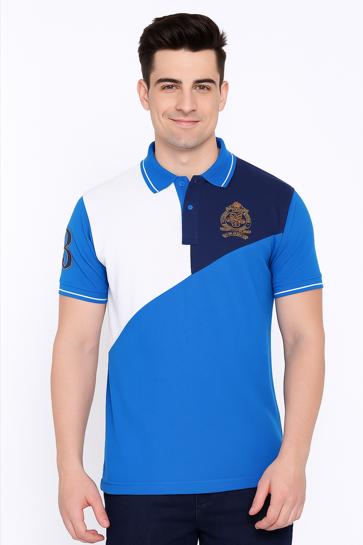 Men’s Cut & Sew Crest Polo T-Shirt – Stylish Tri-Color Embroidered Collar Tee