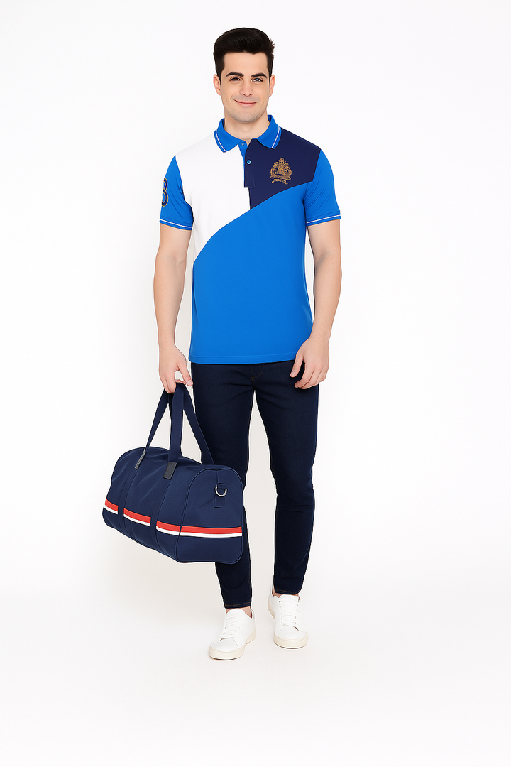 Men’s Cut & Sew Crest Polo T-Shirt – Stylish Tri-Color Embroidered Collar Tee