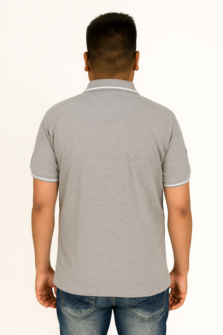 Men’s Cut & Sew Crest Polo T-Shirt – Stylish Tri-Color Embroidered Collar Tee