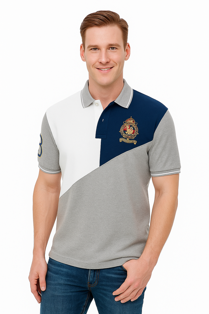 Men’s Cut & Sew Crest Polo T-Shirt – Stylish Tri-Color Embroidered Collar Tee