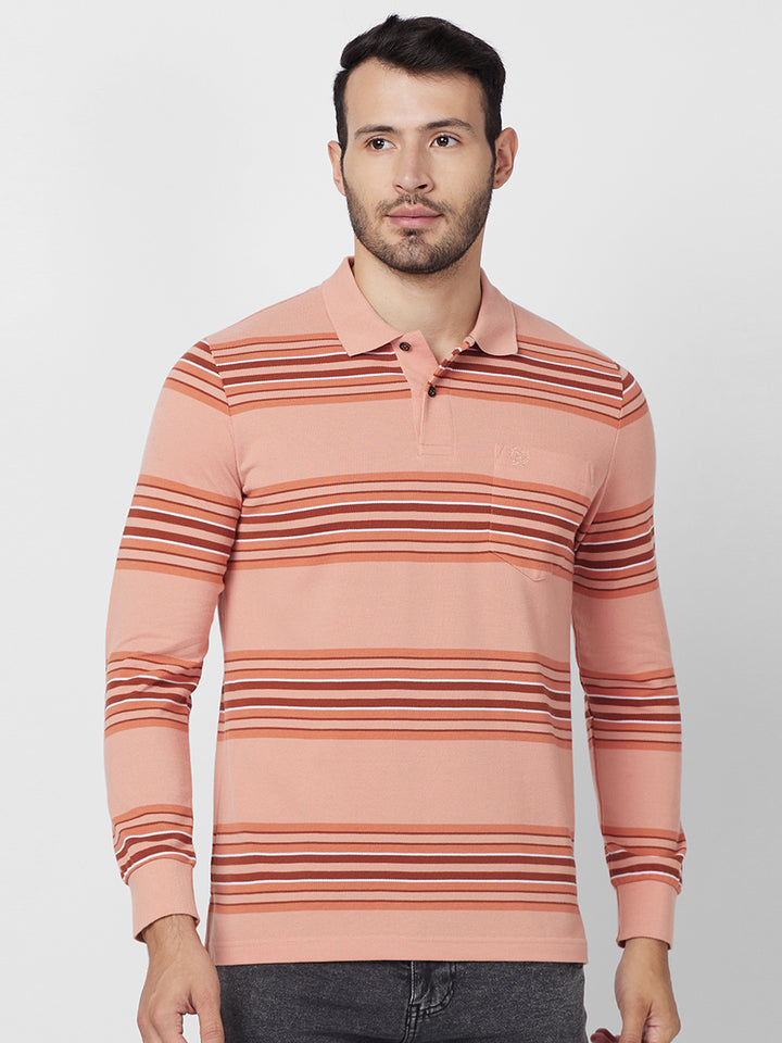 Men's Striped Long Sleeve Pique Polo Cotton Blend T-Shirt