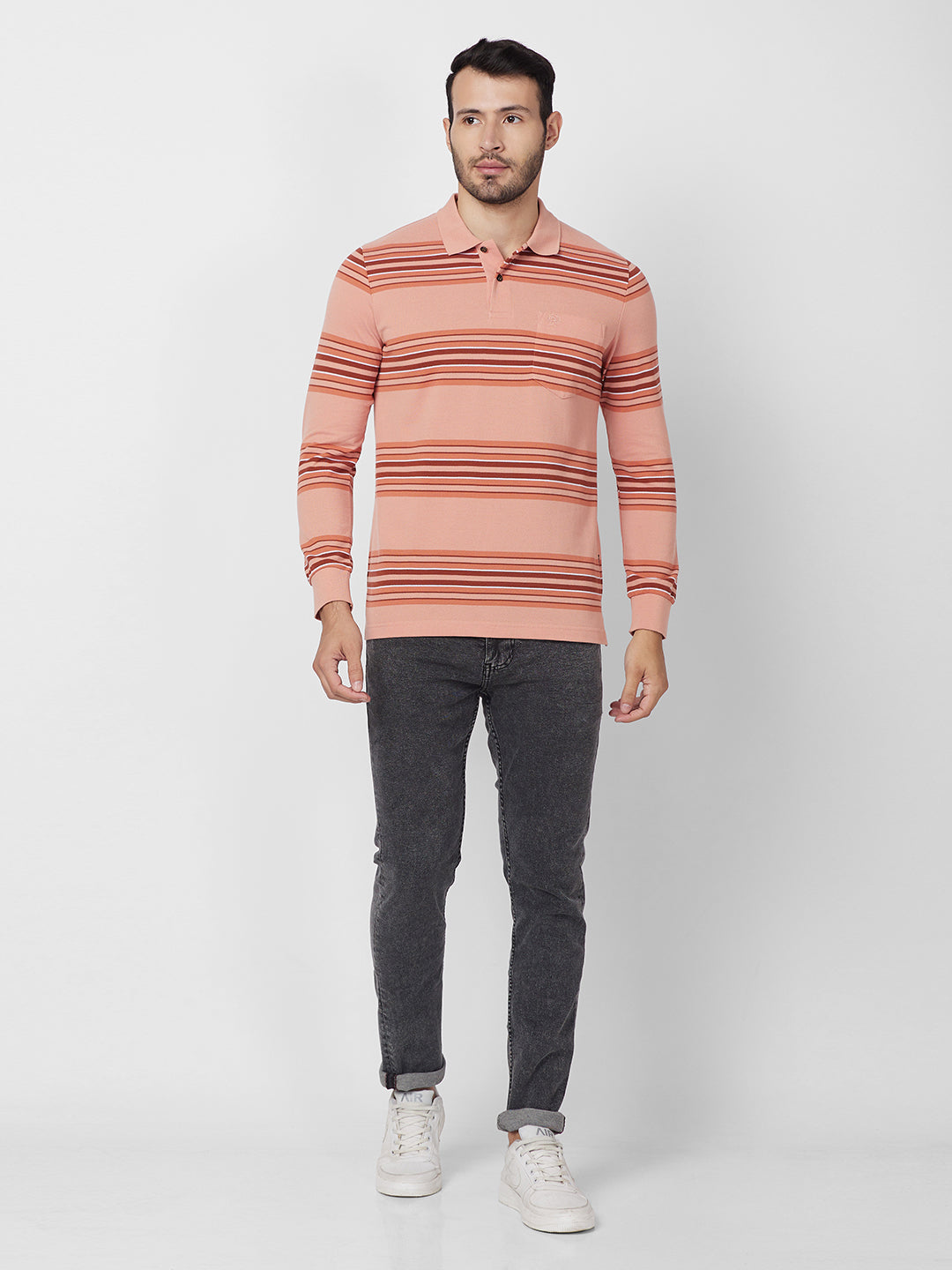 Men's Striped Long Sleeve Pique Polo Cotton Blend T-Shirt