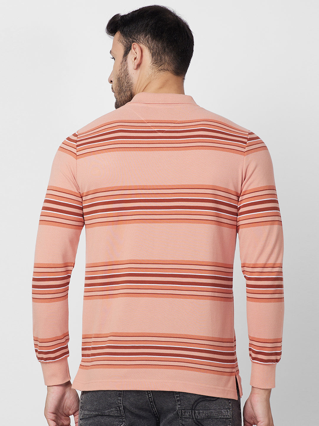 Men's Striped Long Sleeve Pique Polo Cotton Blend T-Shirt