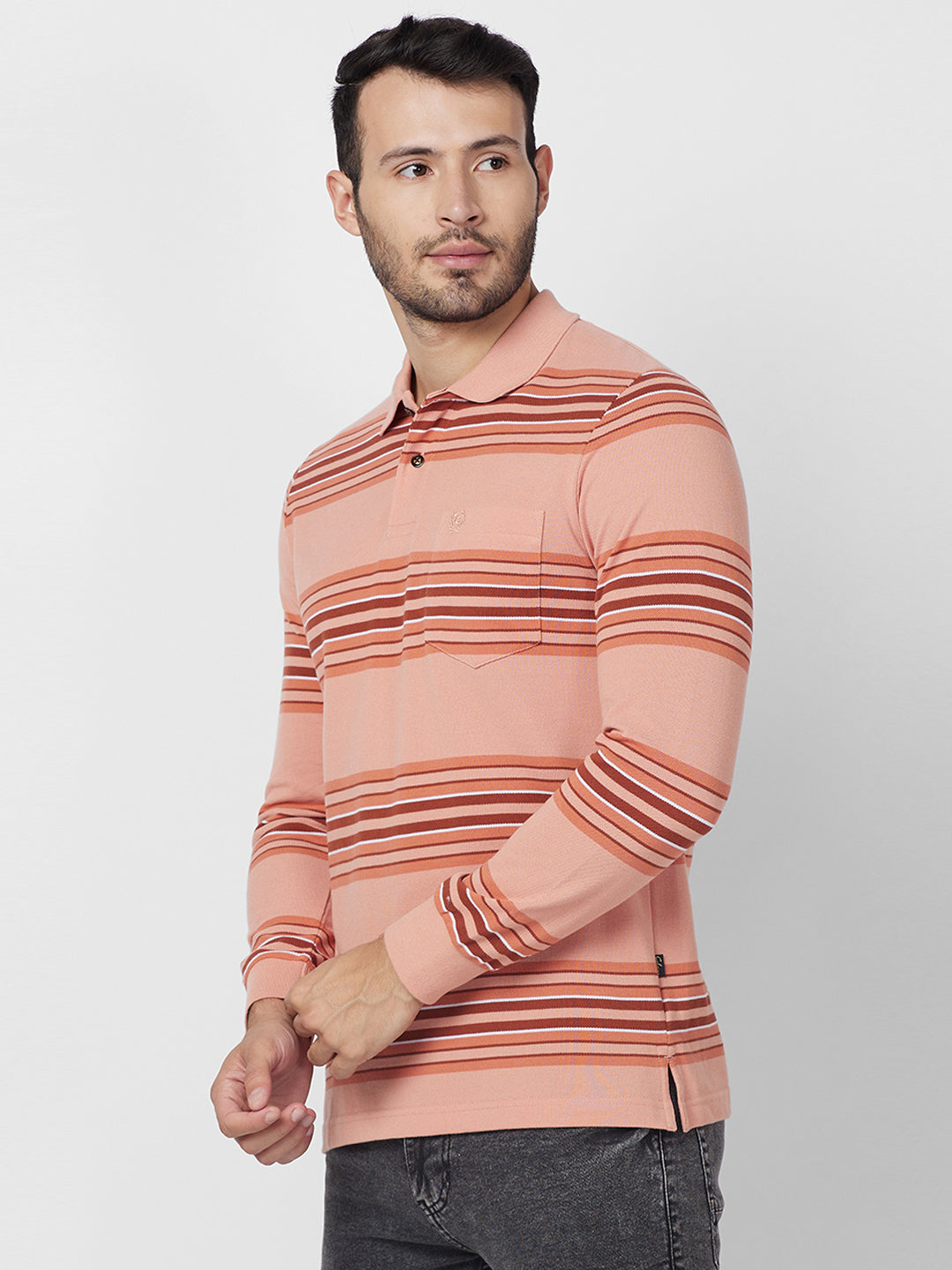 Men's Striped Long Sleeve Pique Polo Cotton Blend T-Shirt
