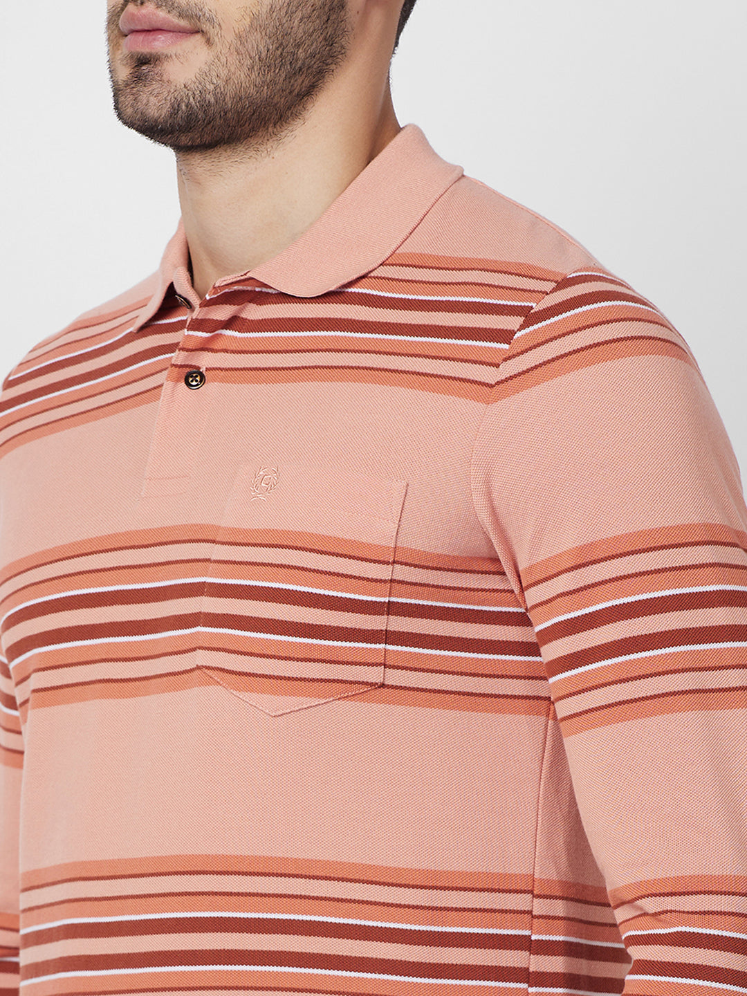 Men's Striped Long Sleeve Pique Polo Cotton Blend T-Shirt