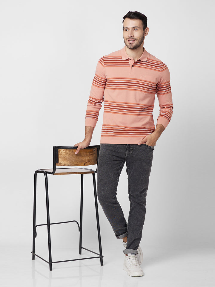 Men's Striped Long Sleeve Pique Polo Cotton Blend T-Shirt