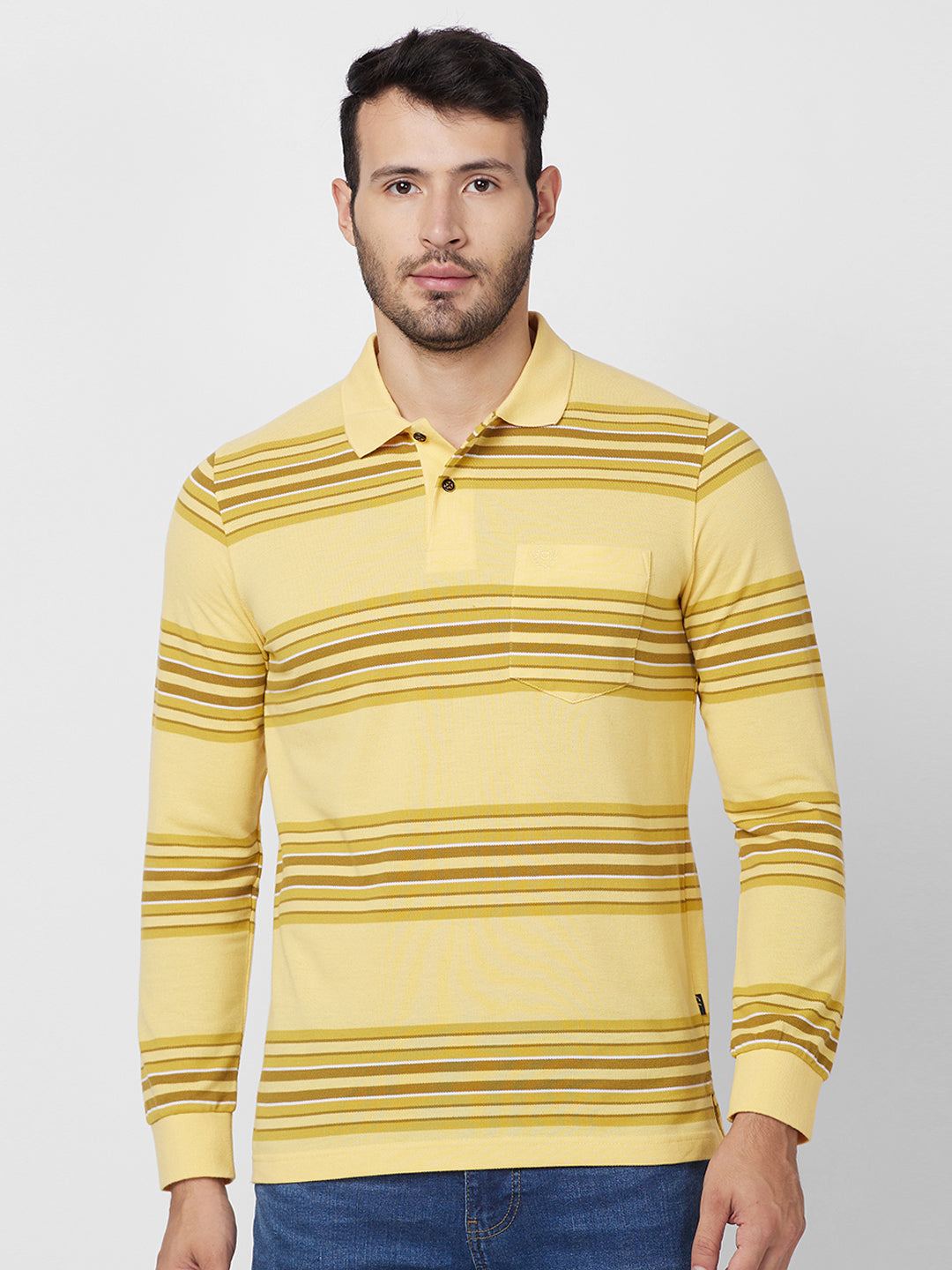 Men's Striped Long Sleeve Pique Polo Cotton Blend T-Shirt