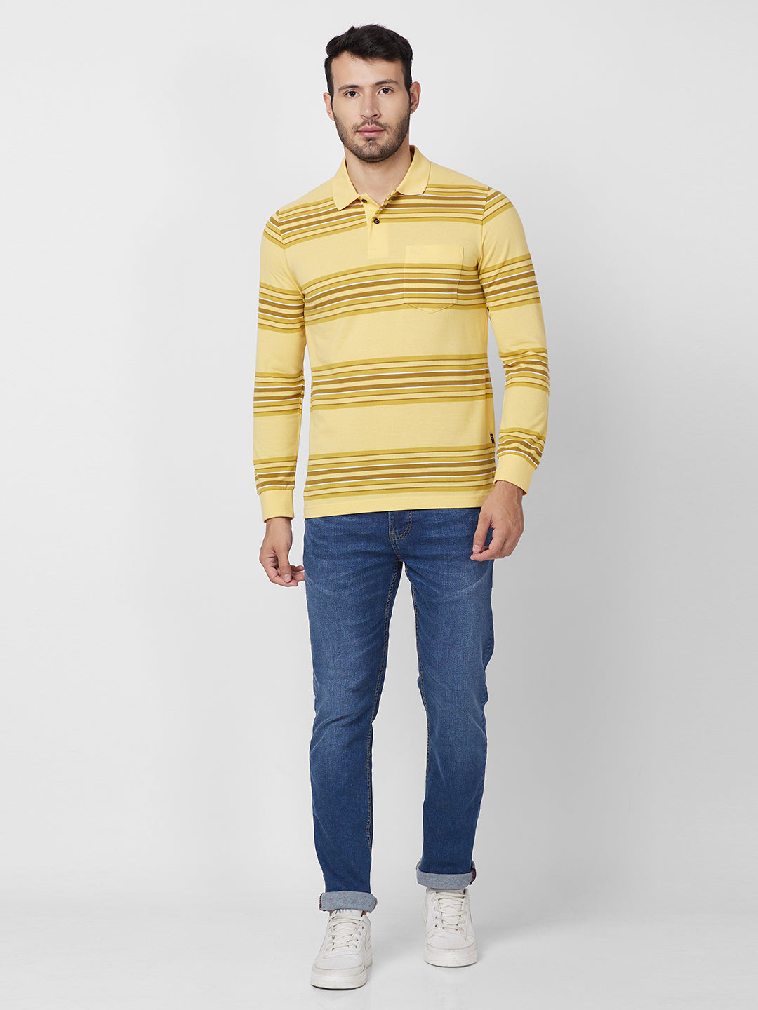 Men's Striped Long Sleeve Pique Polo Cotton Blend T-Shirt