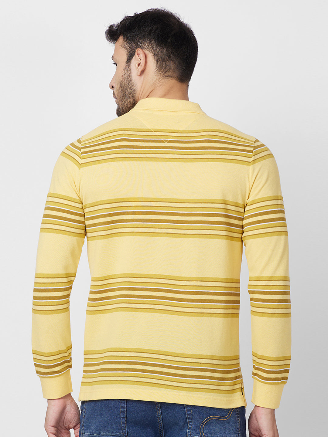 Men's Striped Long Sleeve Pique Polo Cotton Blend T-Shirt