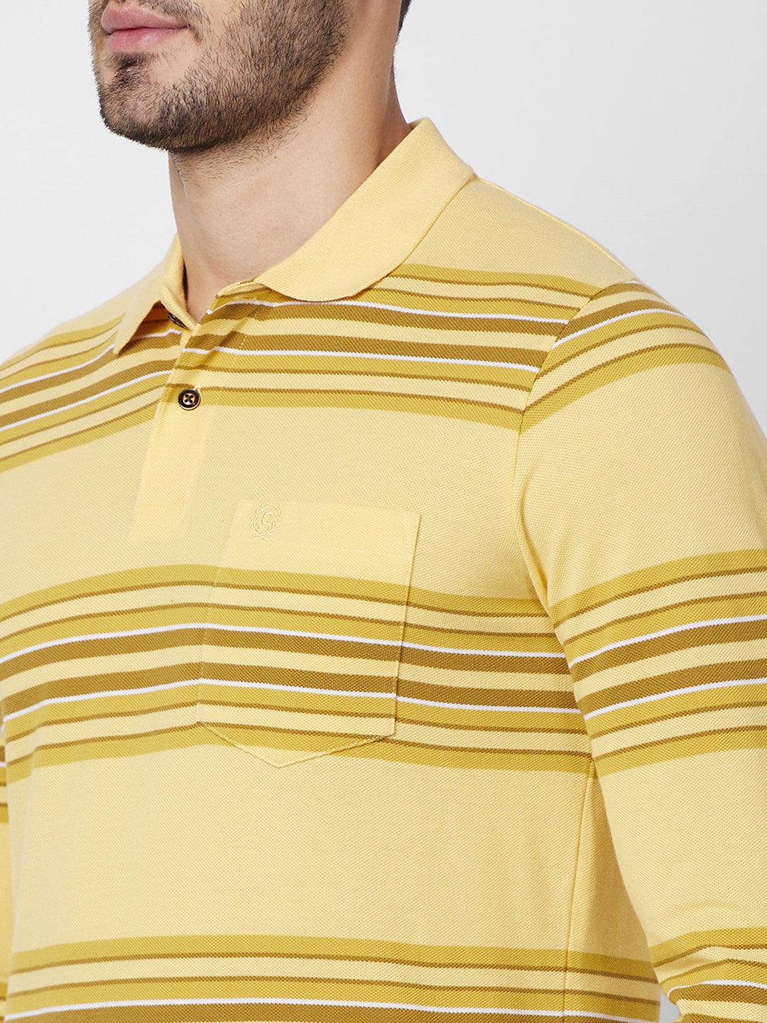 Men's Striped Long Sleeve Pique Polo Cotton Blend T-Shirt