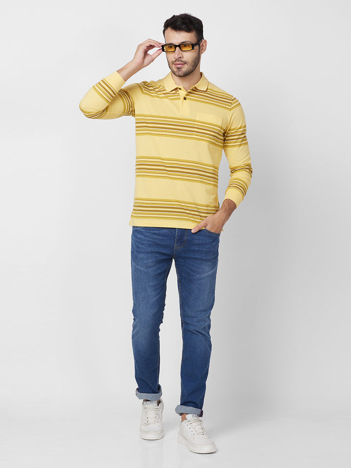 Men's Striped Long Sleeve Pique Polo Cotton Blend T-Shirt