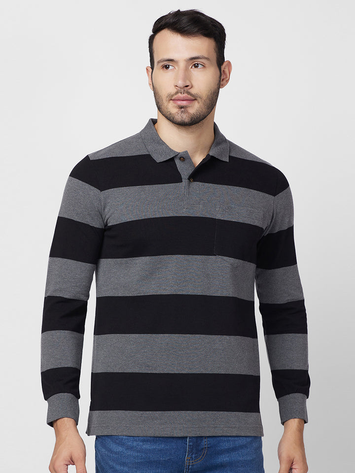 Men's Striped Long-Sleeve Pique Polo Cotton Blend T-Shirt