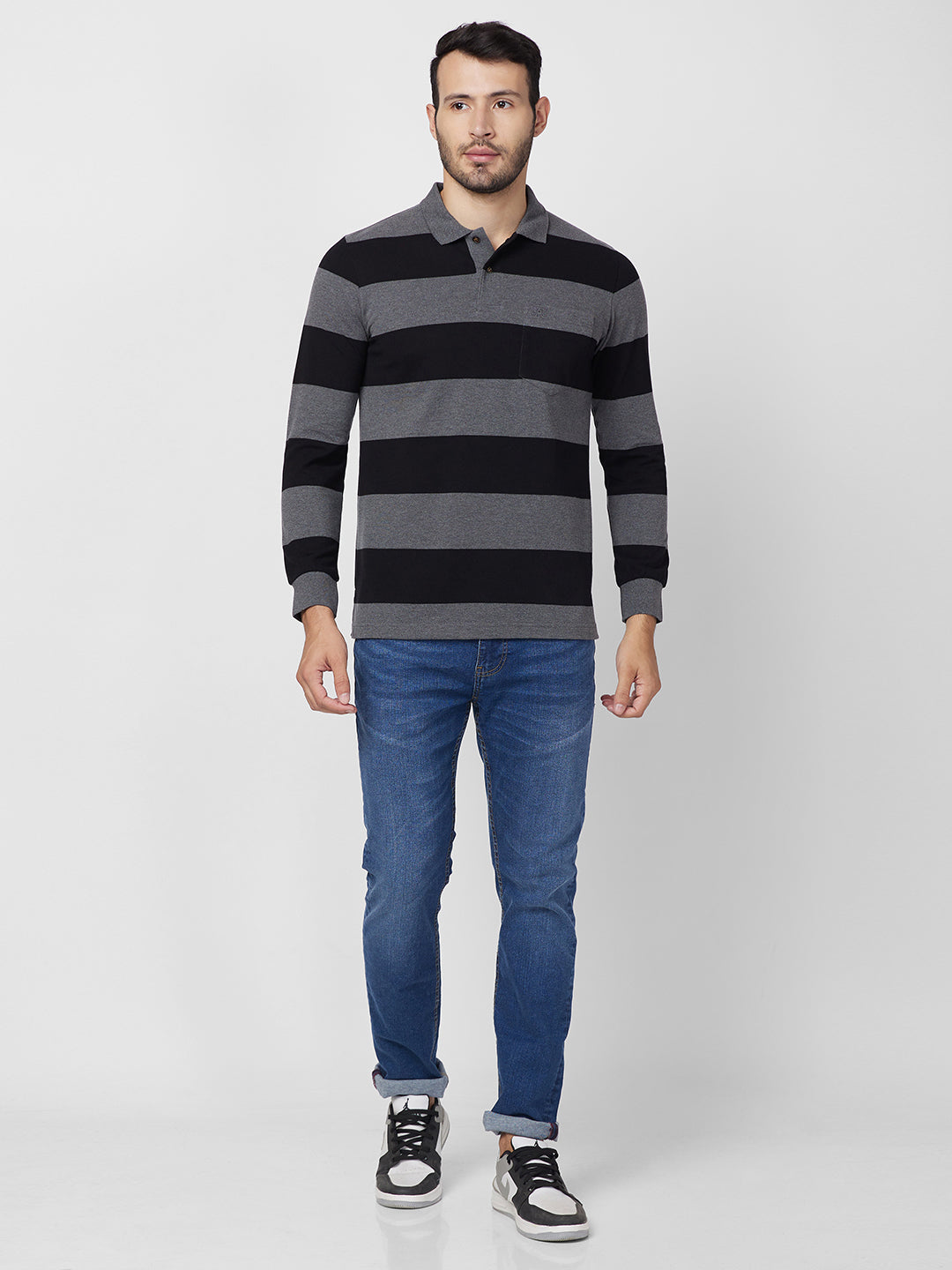 Men's Striped Long-Sleeve Pique Polo Cotton Blend T-Shirt
