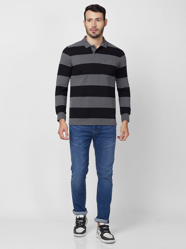Men's Striped Long-Sleeve Pique Polo Cotton Blend T-Shirt