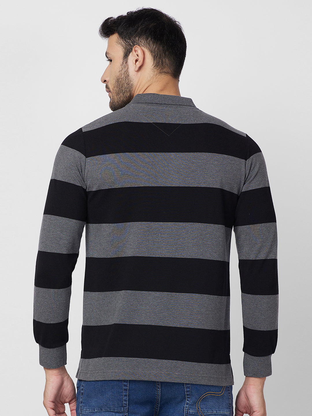 Men's Striped Long-Sleeve Pique Polo Cotton Blend T-Shirt