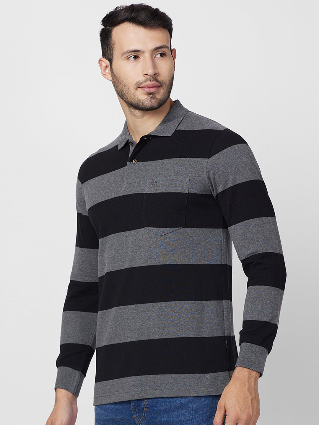 Men's Striped Long-Sleeve Pique Polo Cotton Blend T-Shirt