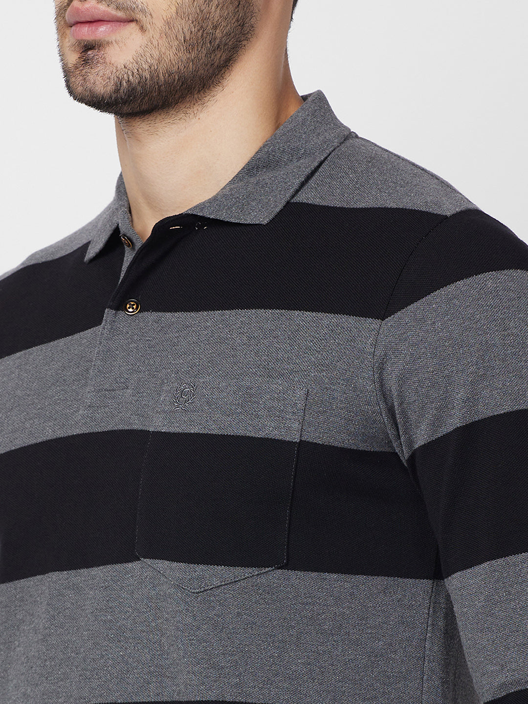 Men's Striped Long-Sleeve Pique Polo Cotton Blend T-Shirt