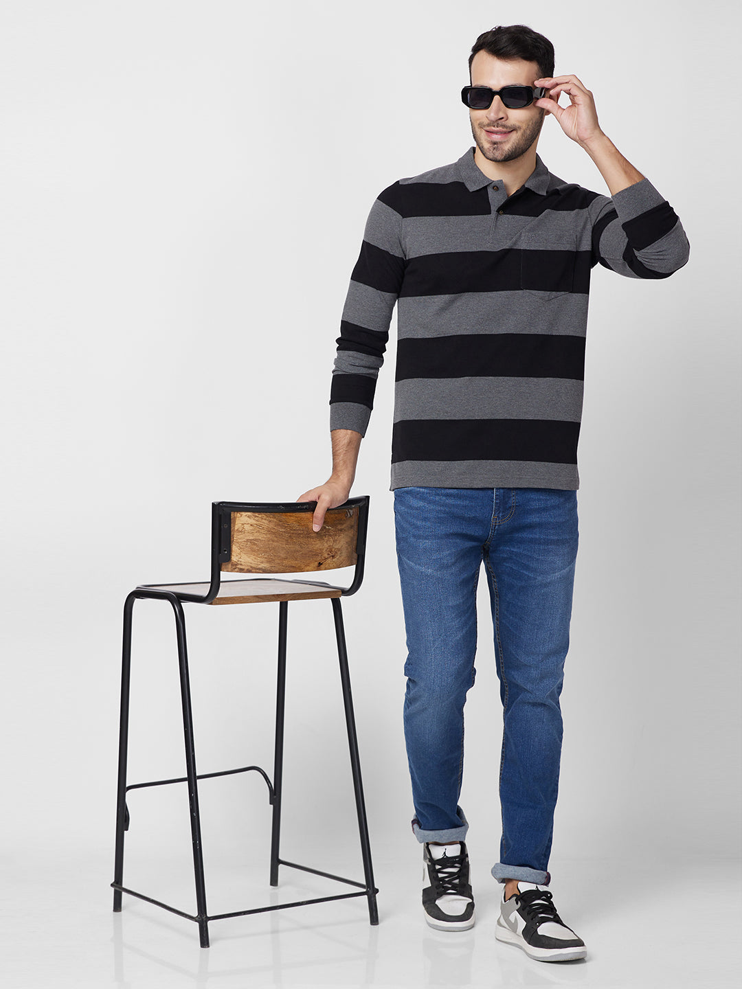 Men's Striped Long-Sleeve Pique Polo Cotton Blend T-Shirt