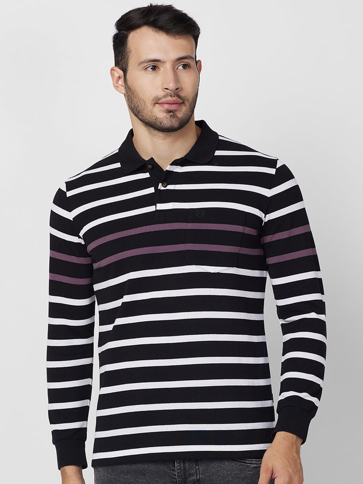 Men’s Striped Polo – Long Sleeve Cotton Blend - T-Shirts