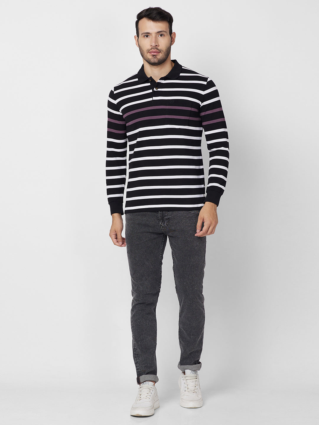 Men’s Striped Polo – Long Sleeve Cotton Blend - T-Shirts
