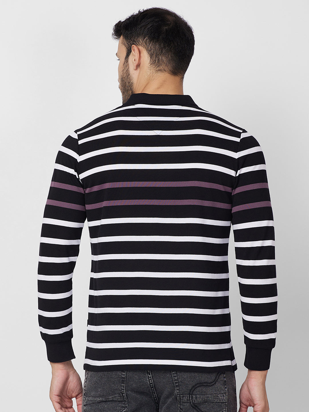 Men’s Striped Polo – Long Sleeve Cotton Blend - T-Shirts