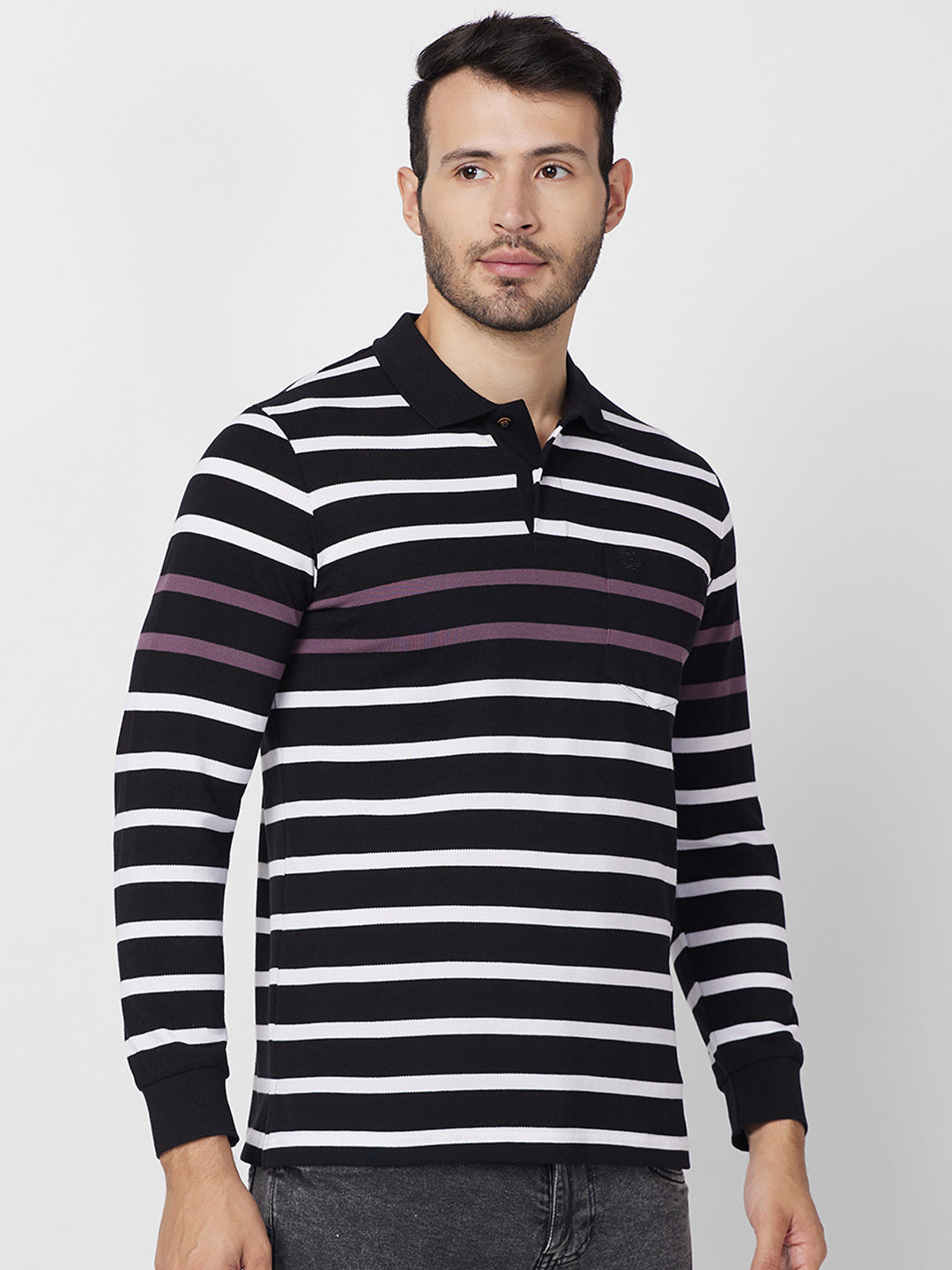 Men’s Striped Polo – Long Sleeve Cotton Blend - T-Shirts