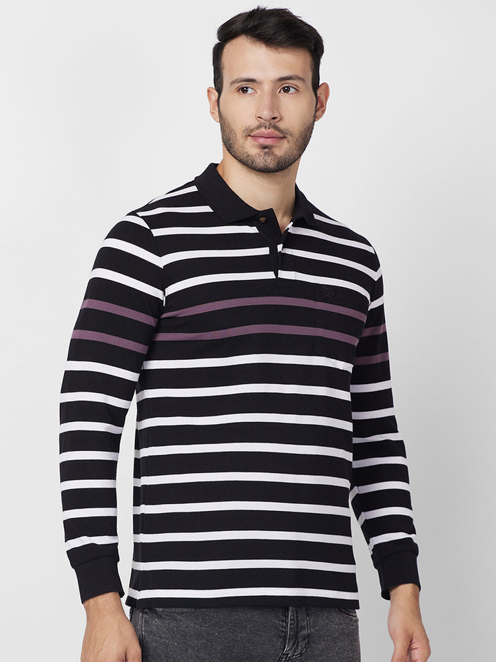 Men’s Striped Polo – Long Sleeve Cotton Blend - T-Shirts