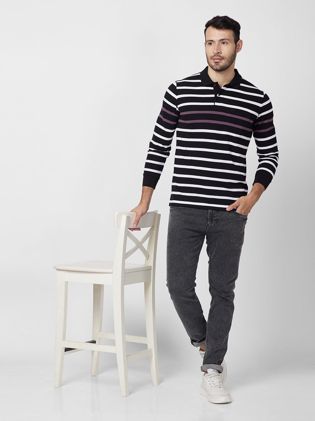 Men’s Striped Polo – Long Sleeve Cotton Blend - T-Shirts