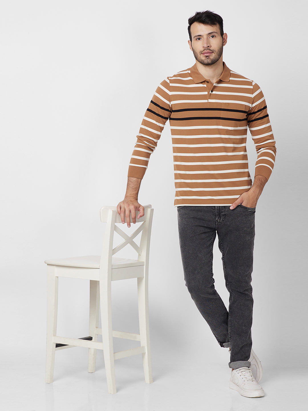Men’s Striped Polo – Long Sleeve Cotton Blend - T-Shirts
