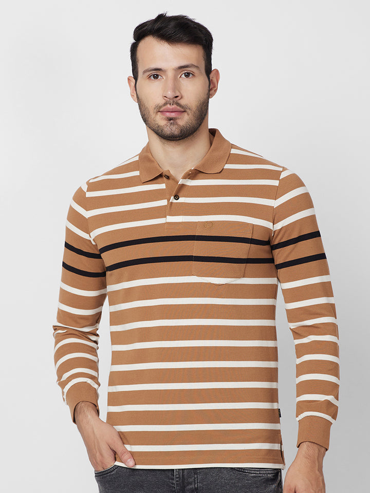Men’s Striped Polo – Long Sleeve Cotton Blend - T-Shirts