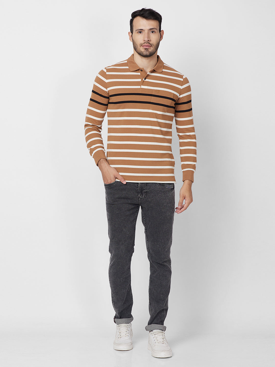Men’s Striped Polo – Long Sleeve Cotton Blend - T-Shirts