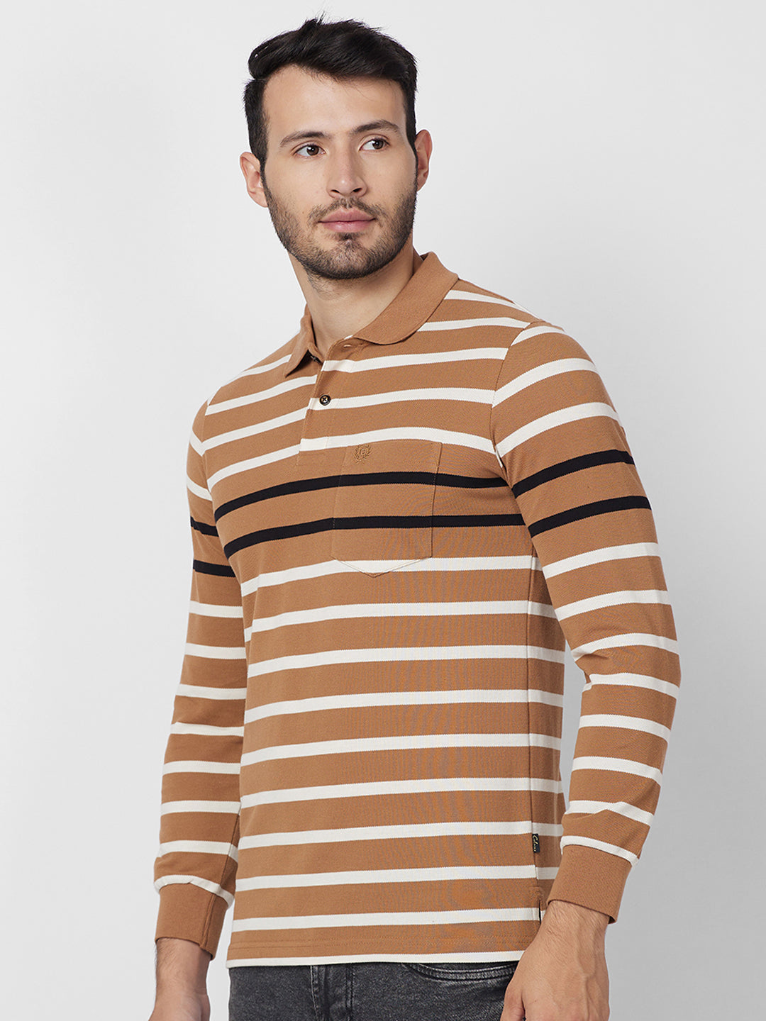 Men’s Striped Polo – Long Sleeve Cotton Blend - T-Shirts