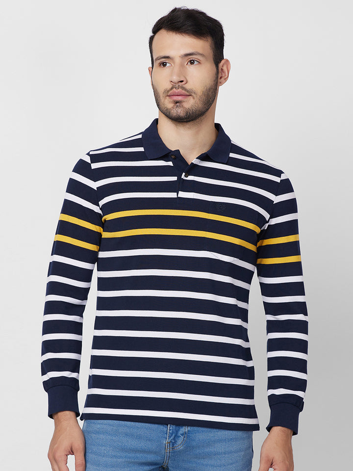 Men’s Striped Polo – Long Sleeve Cotton Blend - T-Shirts