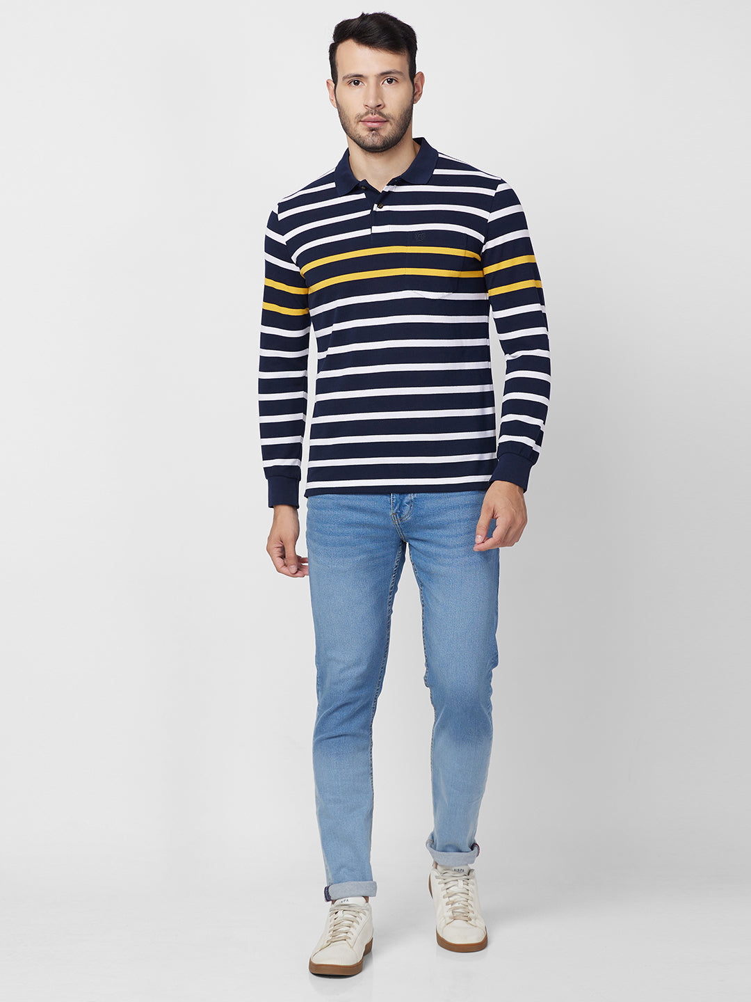 Men’s Striped Polo – Long Sleeve Cotton Blend - T-Shirts