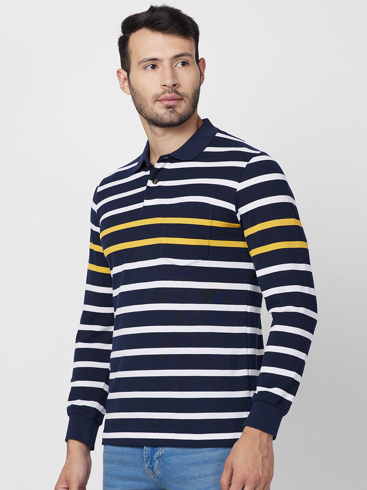 Men’s Striped Polo – Long Sleeve Cotton Blend - T-Shirts