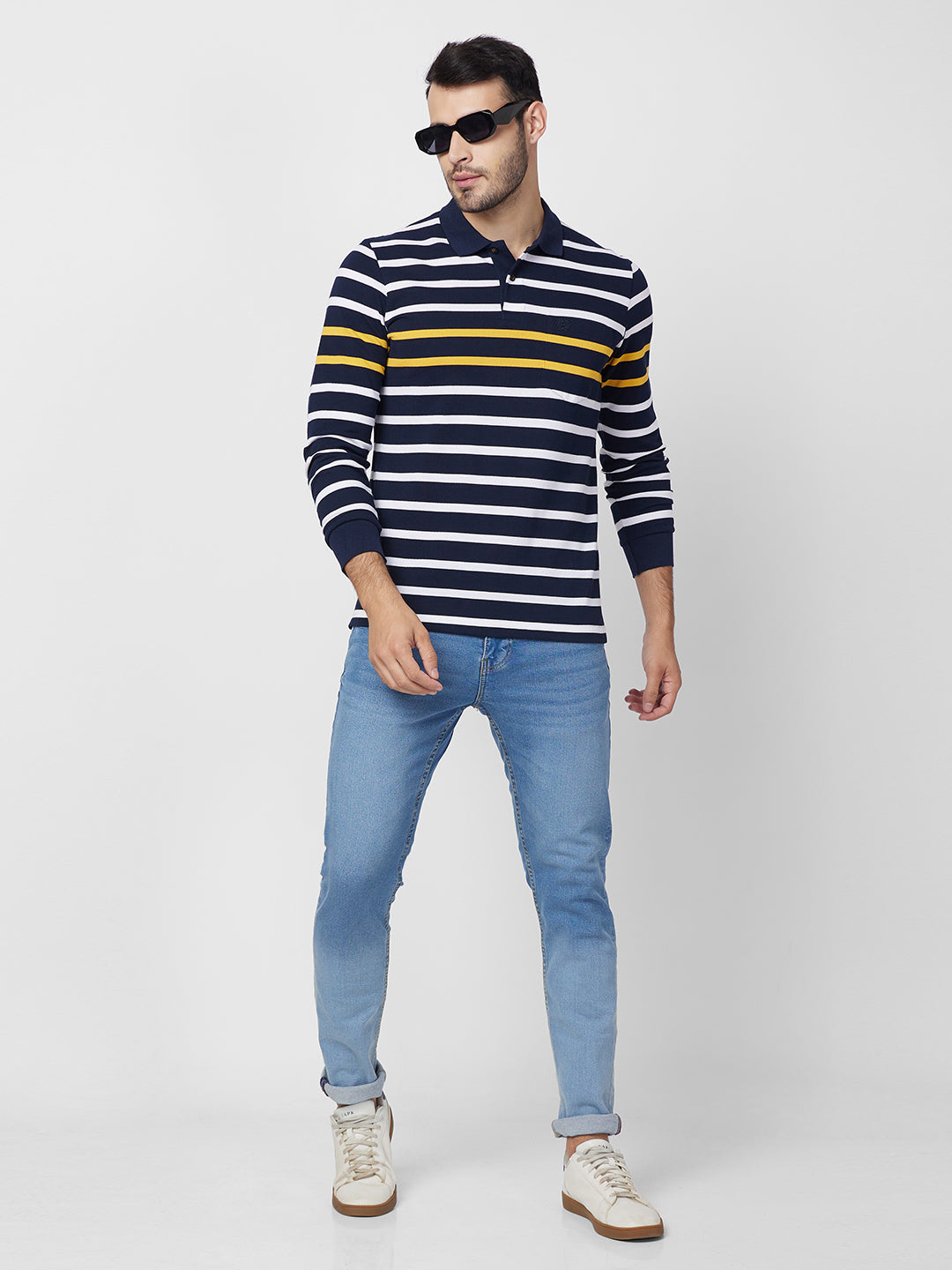 Men’s Striped Polo – Long Sleeve Cotton Blend - T-Shirts