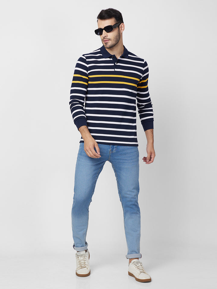 Men’s Striped Polo – Long Sleeve Cotton Blend - T-Shirts