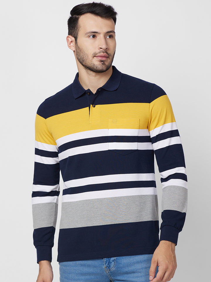 Men's Full Sleeve Striped Pique Polo Cotton Blend T-Shirts