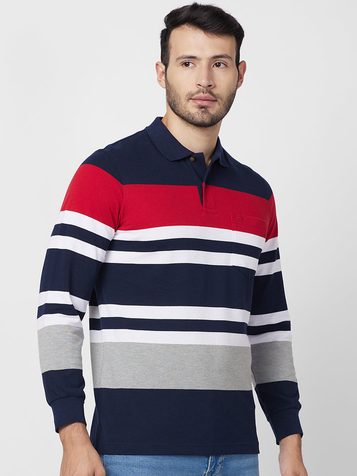 Men's Full Sleeve Striped Pique Polo Cotton Blend T-Shirts