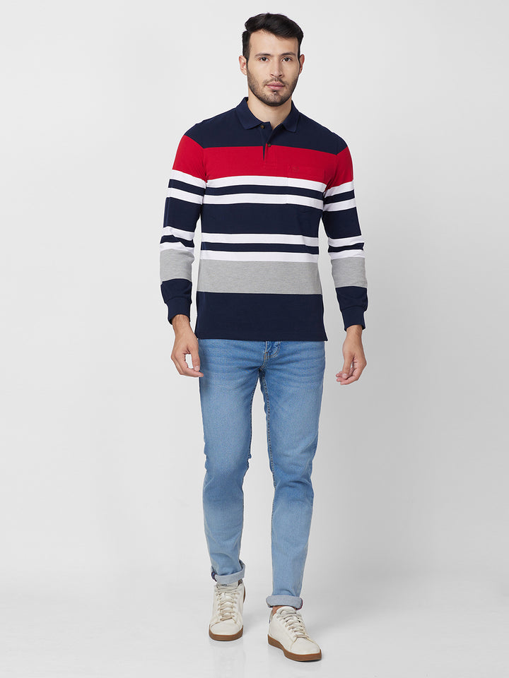Men's Full Sleeve Striped Pique Polo Cotton Blend T-Shirts