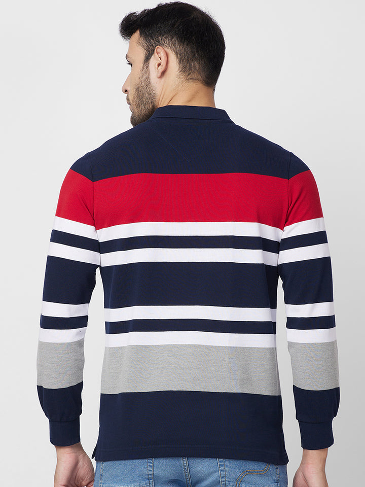 Men's Full Sleeve Striped Pique Polo Cotton Blend T-Shirts