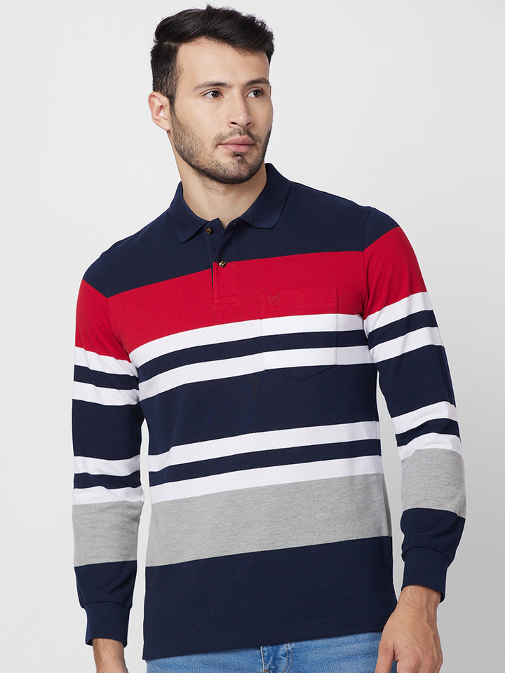 Men's Full Sleeve Striped Pique Polo Cotton Blend T-Shirts