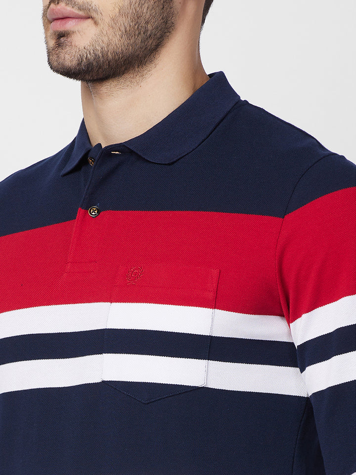 Men's Full Sleeve Striped Pique Polo Cotton Blend T-Shirts