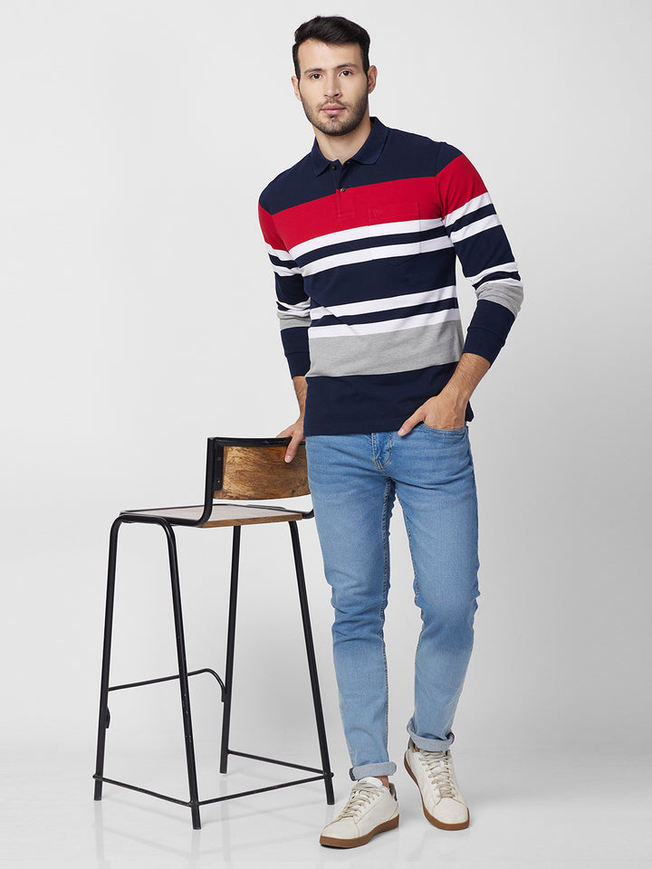 Men's Full Sleeve Striped Pique Polo Cotton Blend T-Shirts